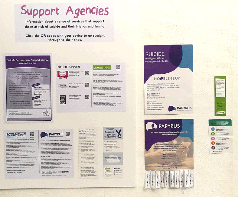 Posters on the wall of Light House Media Centre Wolverhampton showing different support mechanisms for people with mental health issues and suicidal thoughts