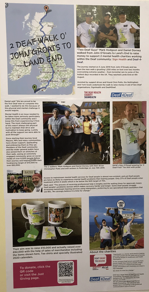 A written feature about 2 deaf men, including  photos, about their fundraising walk from John O'Groats to Lands End to raise money for Deaf charities 