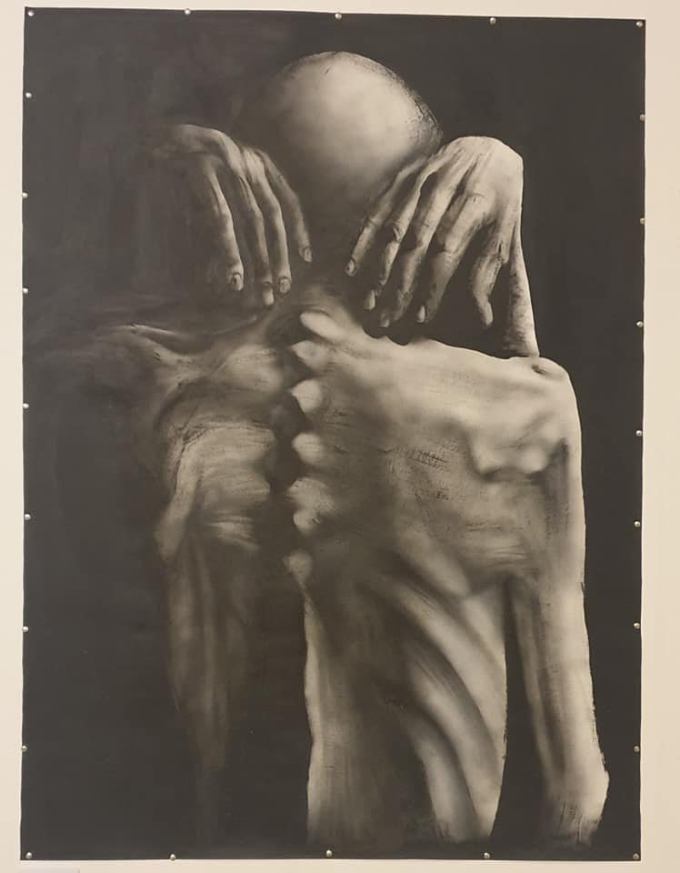 a black and white painting of the back of a person showing the upper back with bones extending out from the skin and hands coming over the top of the shoulders