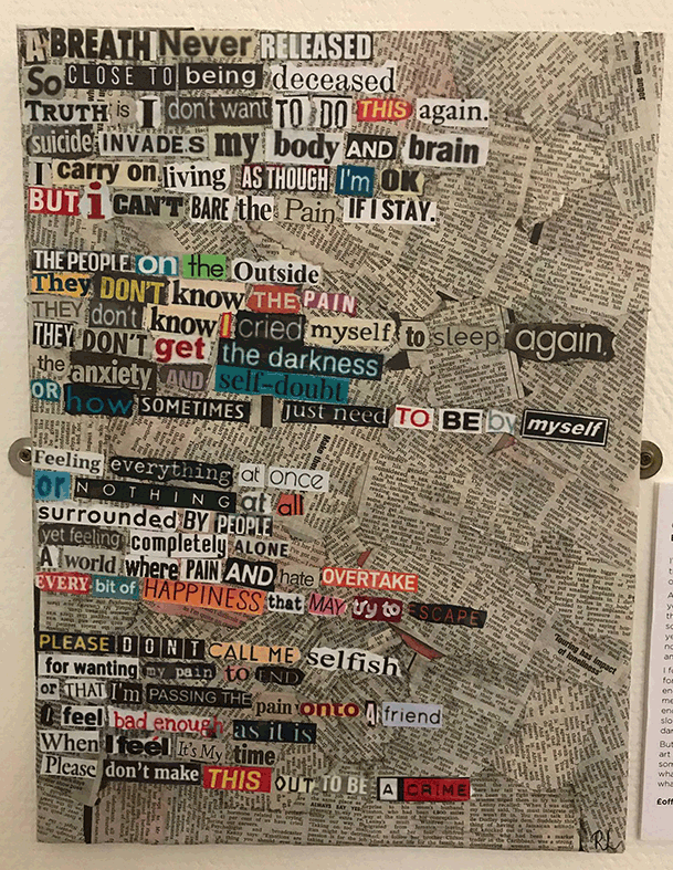A canvas covered in strips of black and white newspaper with words ripped from a colour magazine on top of this to make a message to the viewer